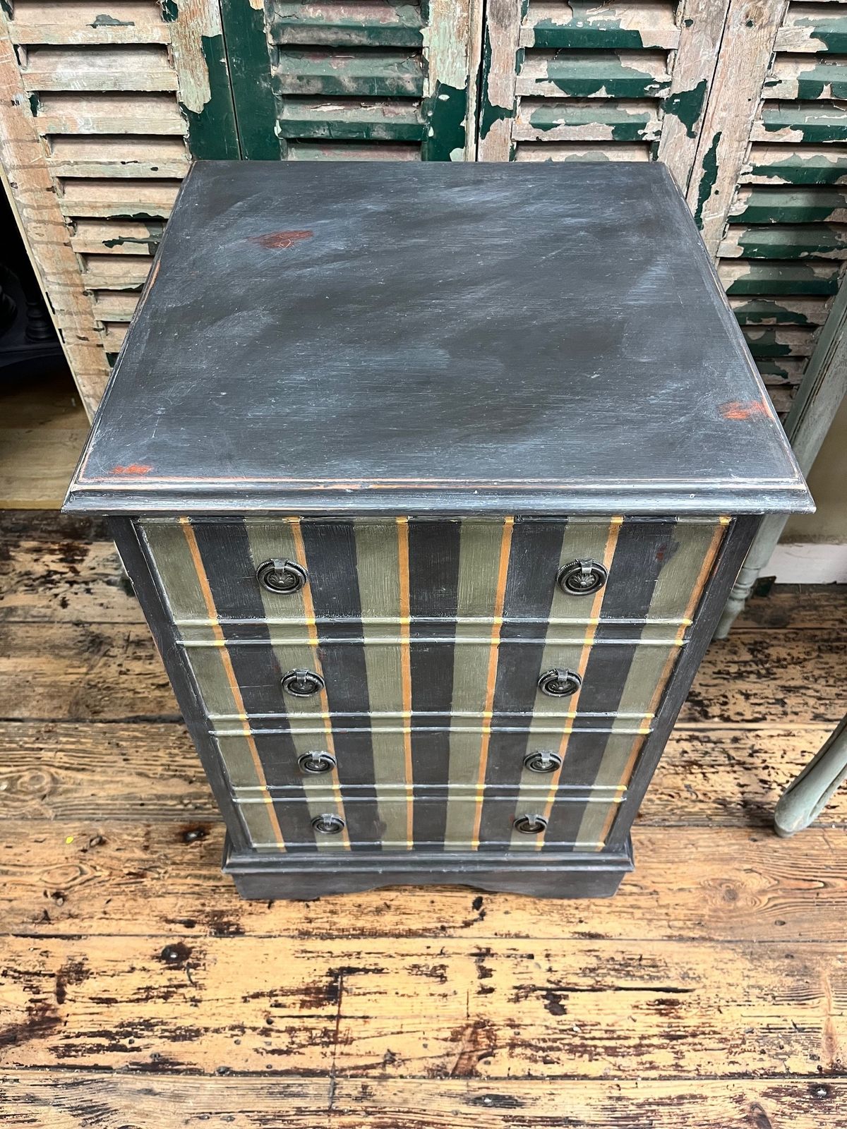 Hand Painted And Aged Graphite, Olive And Gold Striped Bedside Cabinet photo vintage