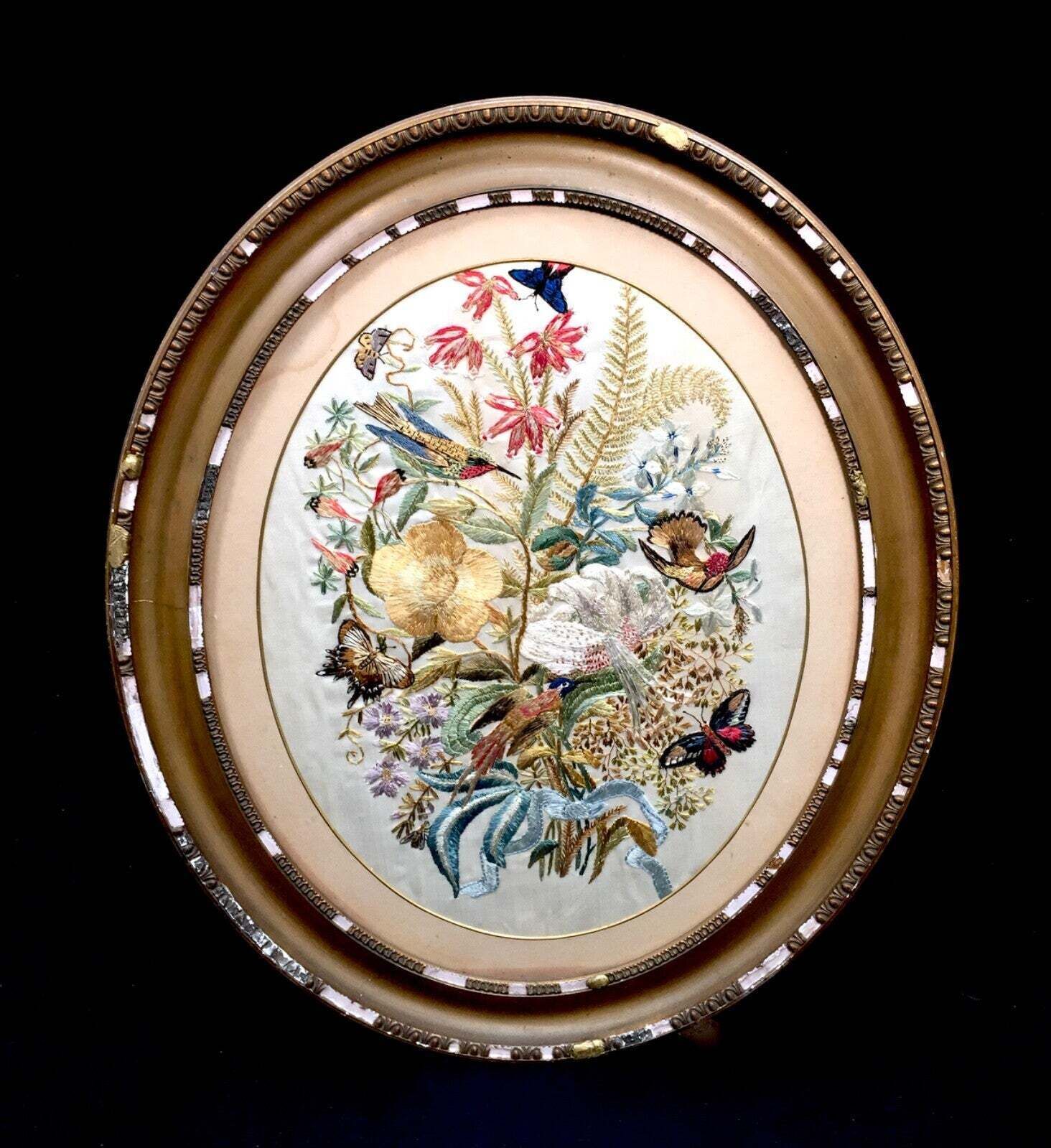 Antique Framed Silk Embroidered Picture Floral Design Wall Hanging / Vintage photo furniture
