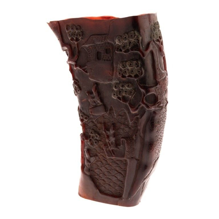 Antique Chinese Carved Landscape Buffalo Horn Libation Cup