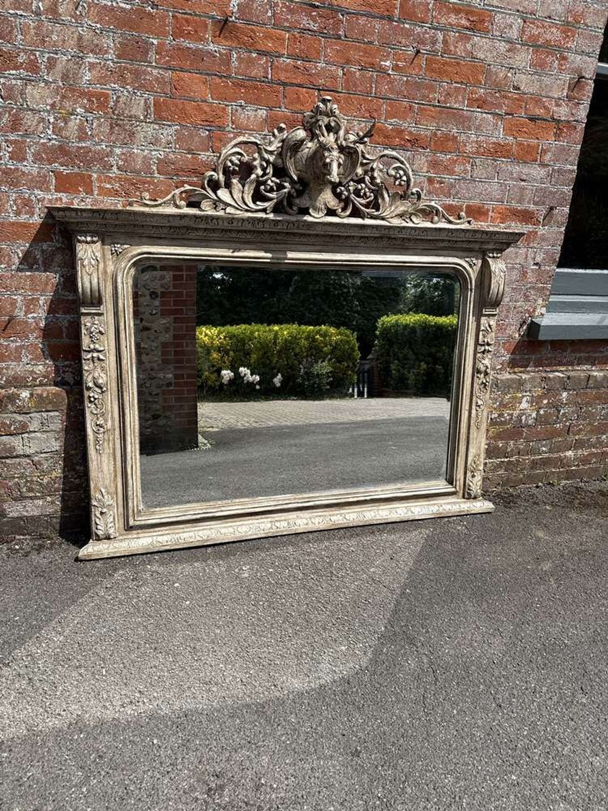 A Highly Impressive Large Antique English 19th C Carved Wood Painted Overmantle Mirror.