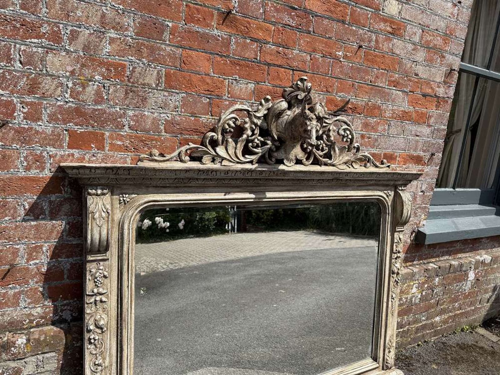 A Highly Impressive Large Antique English 19th C Carved Wood Painted Overmantle Mirror. photo vintage