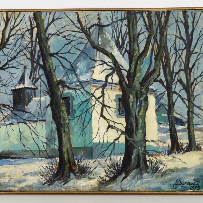 Signed Mid Century Belgian Oil Painting On Canvas Depicting A Winter Scene Chapel photo furniture