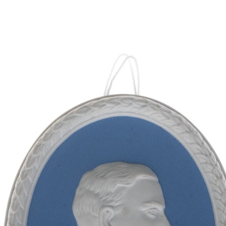 Wedgwood Blue Jasperware Ceramic Porcelain Brainerd Fischer Phillipson Portrait Medallion Laurel Leaf Plaque photo for sale