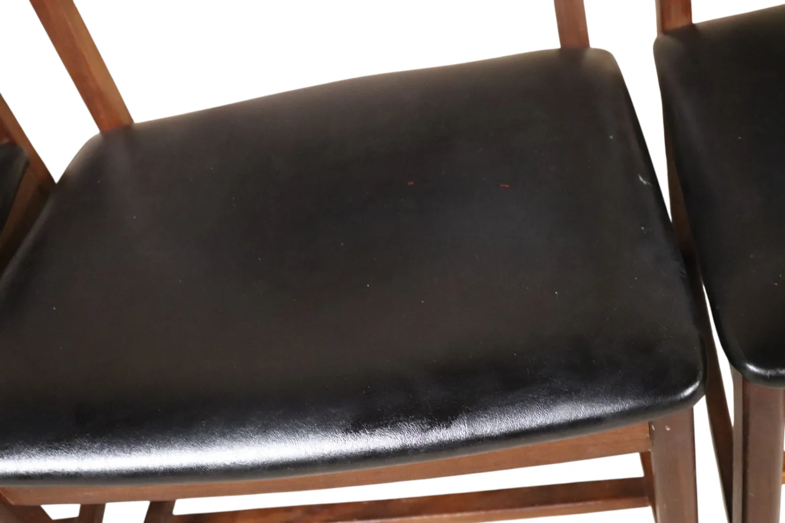 photo for sale Set Of Six Mid Century Teak Archie Shine Black Leather Upholstered Dining Chairs