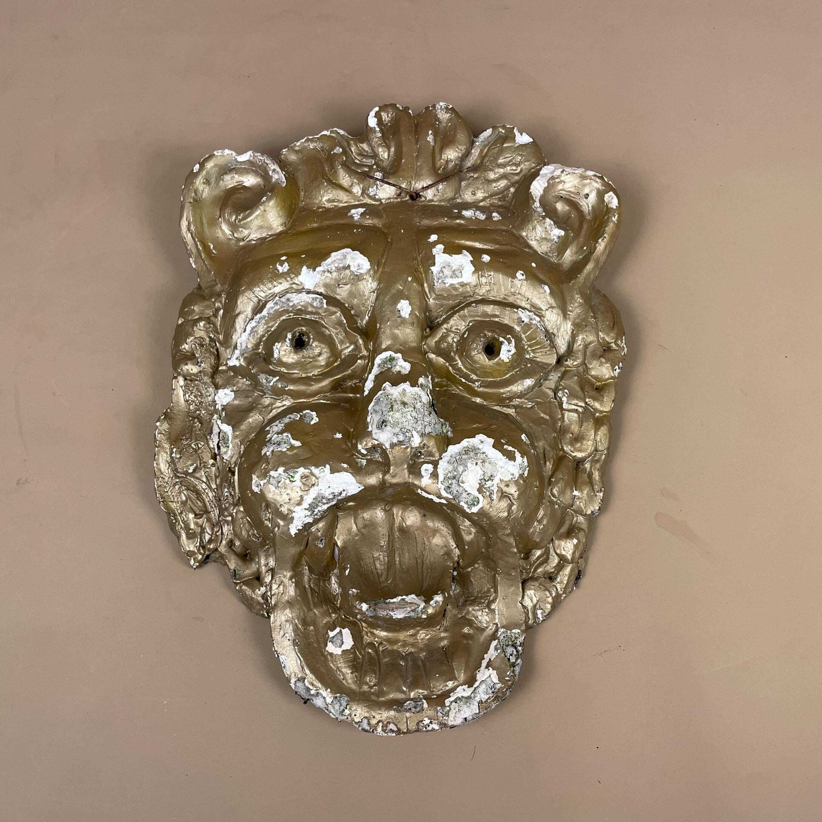 Vintage Dragon Mask Face Handmade Plaster Indonesian Display Mask Wall Hanging Sculpture Gold Antique Oriental Rustic