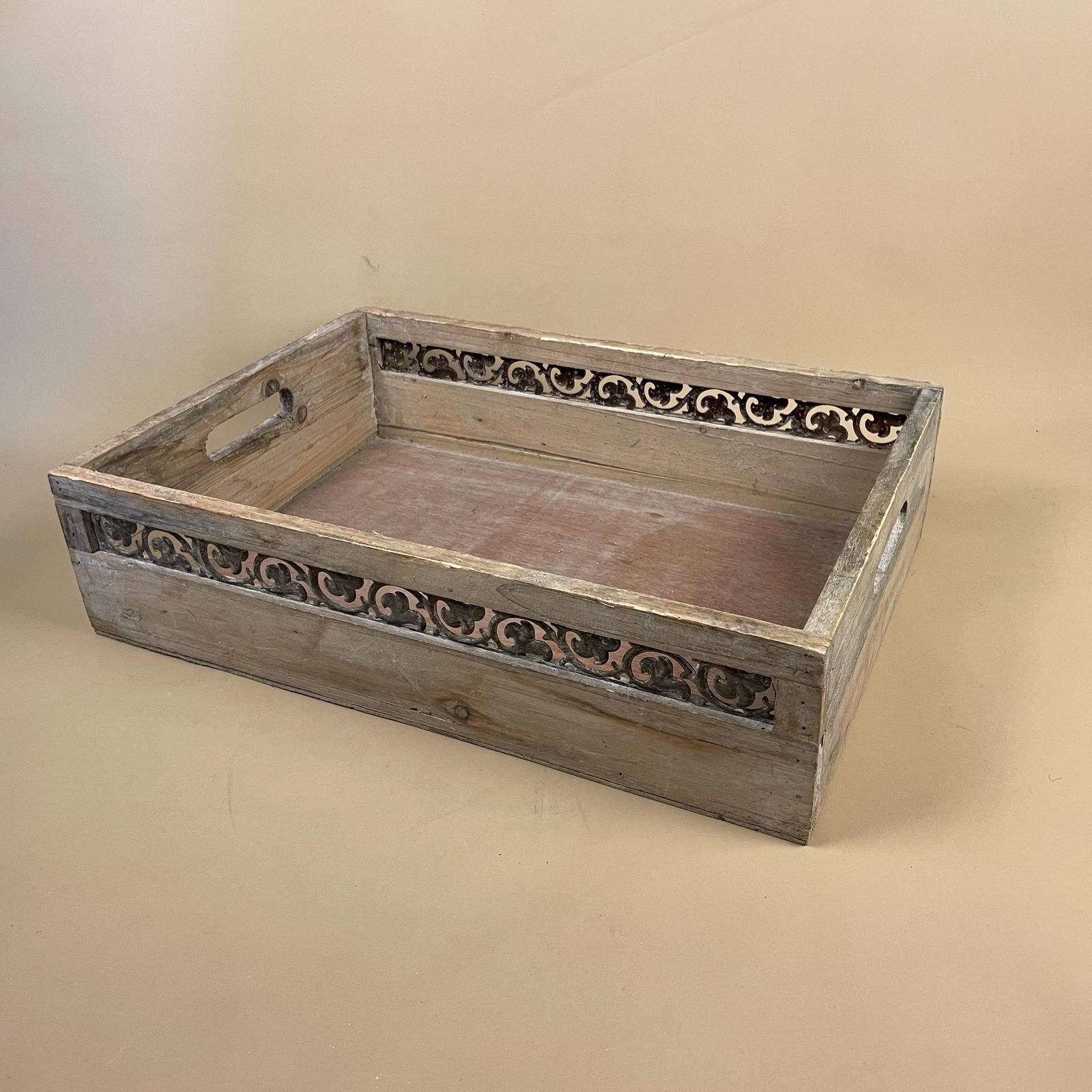 Vintage Wooden Display Tray Rectangle Metal Inlay Pattern Around Edge Handmade Tea Coffee Serving Tray Under Bed Storage Tray