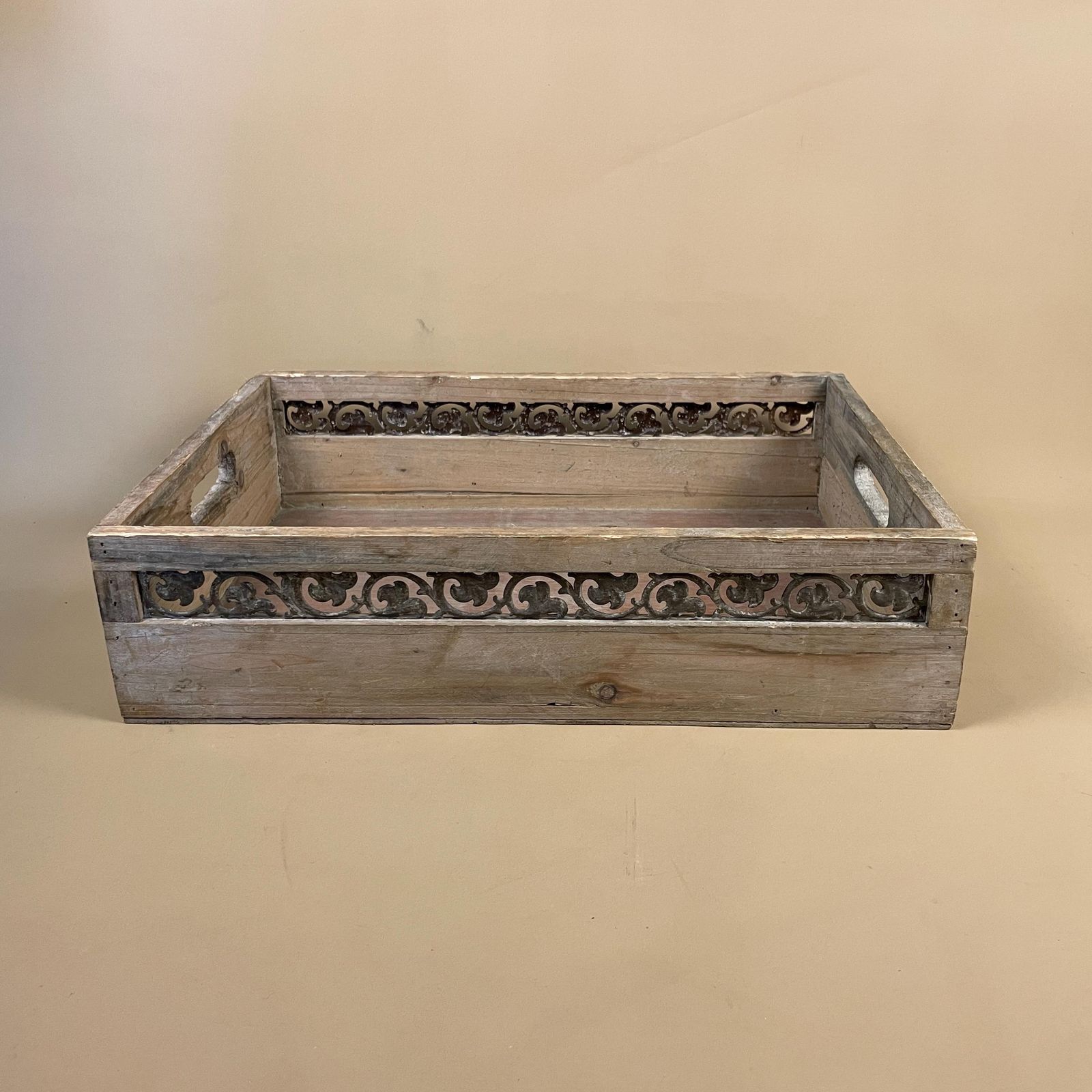 Vintage Wooden Display Tray Rectangle Metal Inlay Pattern Around Edge Handmade Tea Coffee Serving Tray Under Bed Storage Tray photo furniture