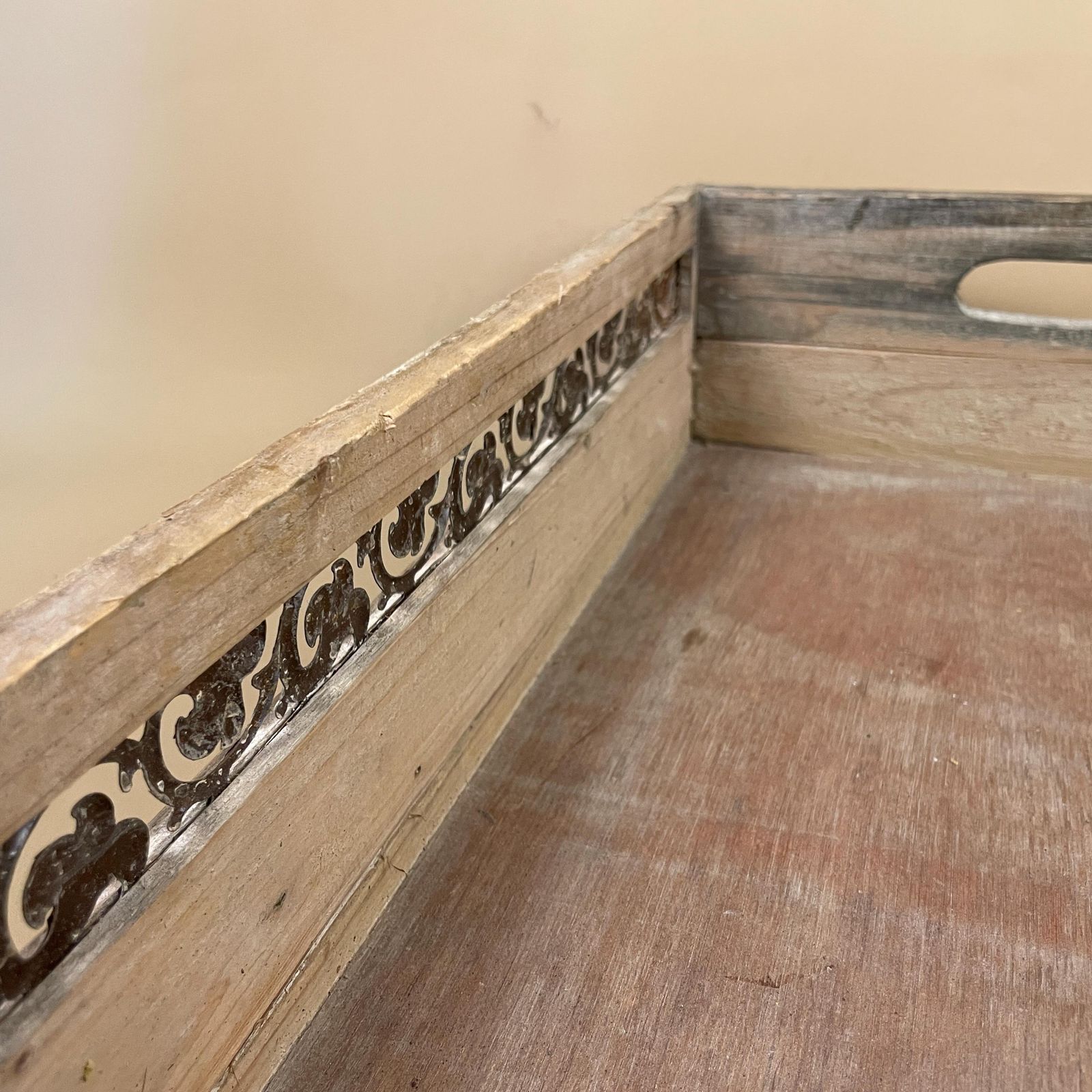 Vintage Wooden Display Tray Rectangle Metal Inlay Pattern Around Edge Handmade Tea Coffee Serving Tray Under Bed Storage Tray photo vinterior
