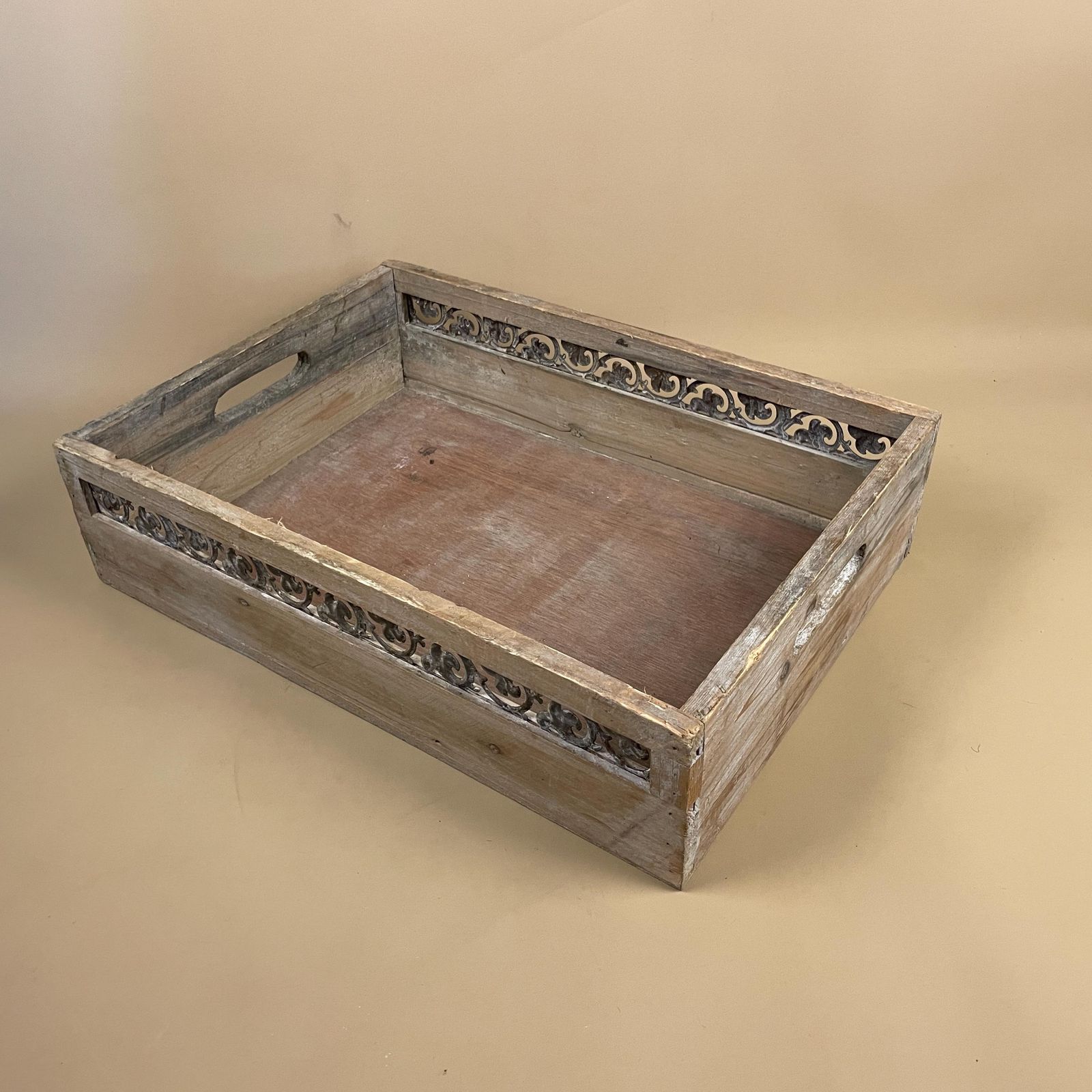Vintage Wooden Display Tray Rectangle Metal Inlay Pattern Around Edge Handmade Tea Coffee Serving Tray Under Bed Storage Tray photo buy