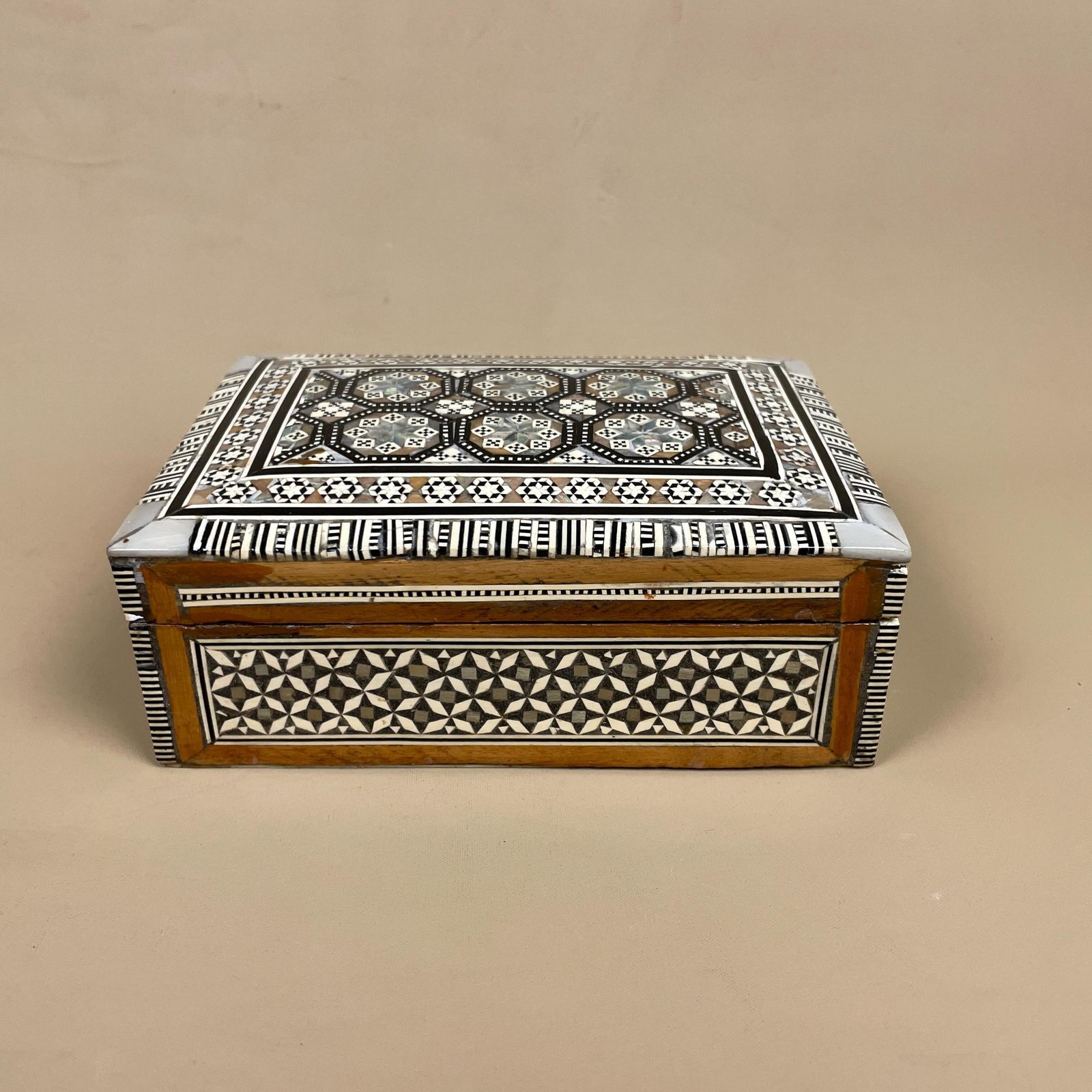 Vintage Wooden Mother Of Pearl Inlay Box Trinket Jewellery Middle Eastern Red Lining Rectangle photo furniture