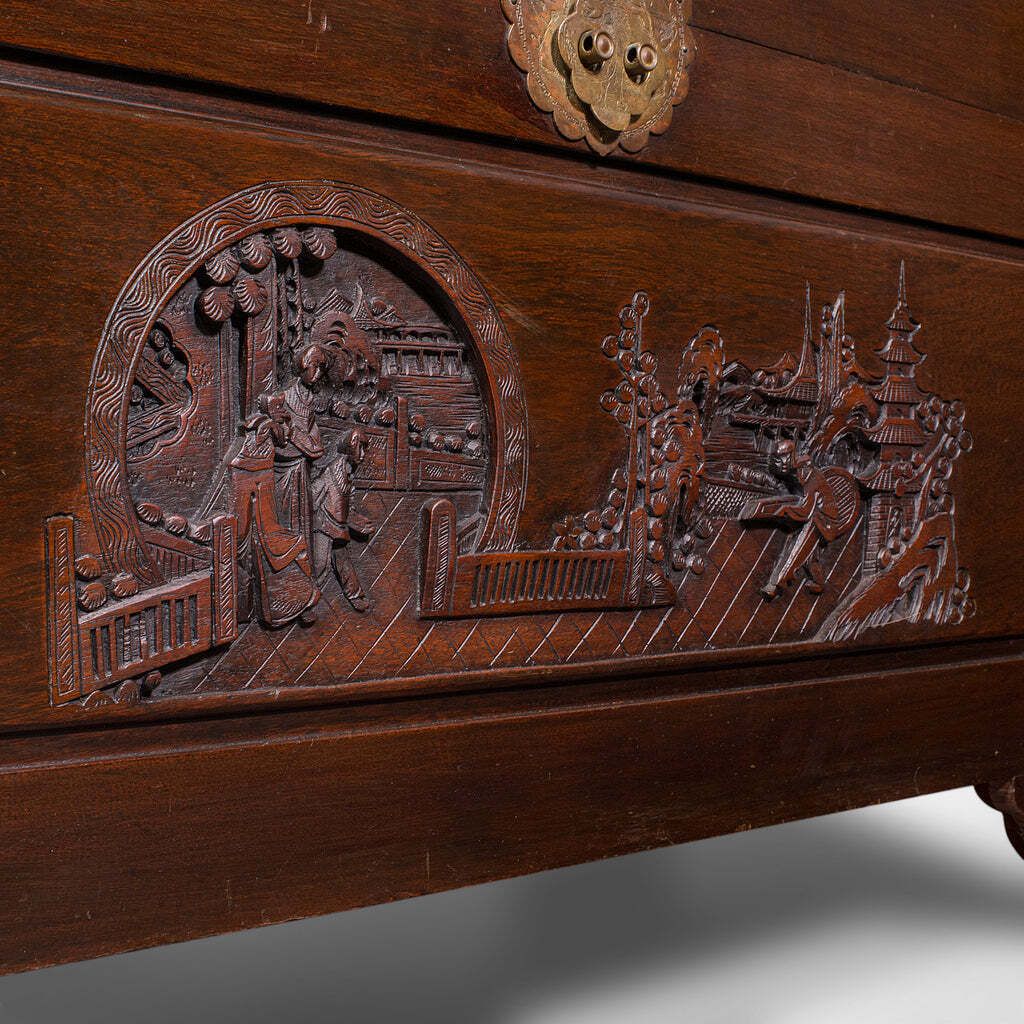Furniture Large Vintage Carved Chest, Hong Kong, Camphorwood, Storage Trunk, Mid Century photo