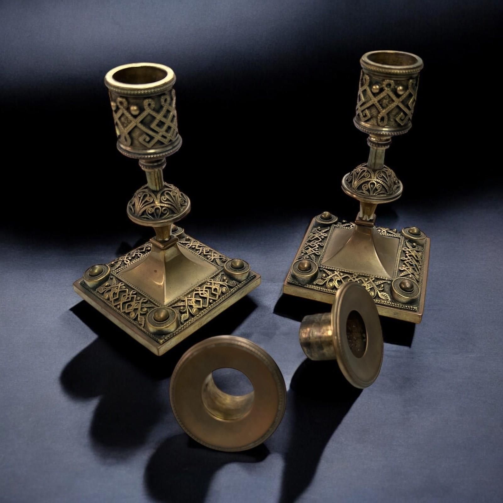 A Pair Of Late Victorian Aesthetic Brass Candlesticks photo for sale
