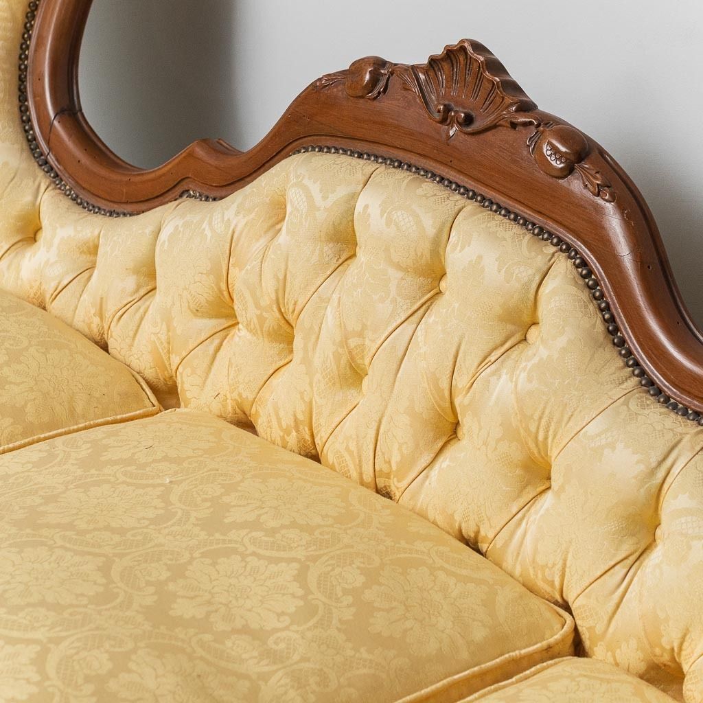 3 Seater Sofa Louis Philippe Style Wood Fabric Yellow XIX photo for sale