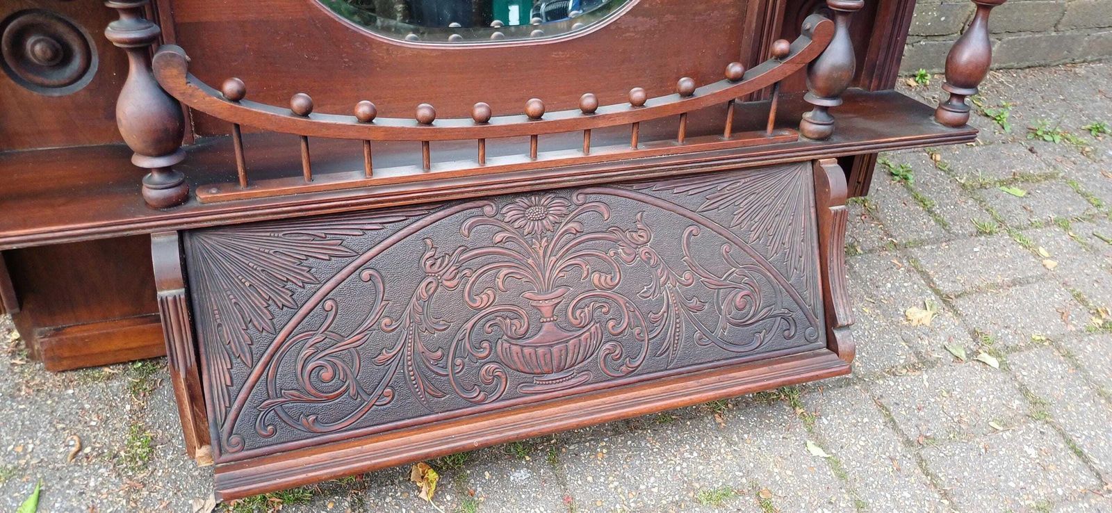 Victorian Mahogany Mirror Shelf Top | Ornate Carved American Organ Pediment Antique Sideboard Back Gothic Revival C.1880s photo Home Decor
