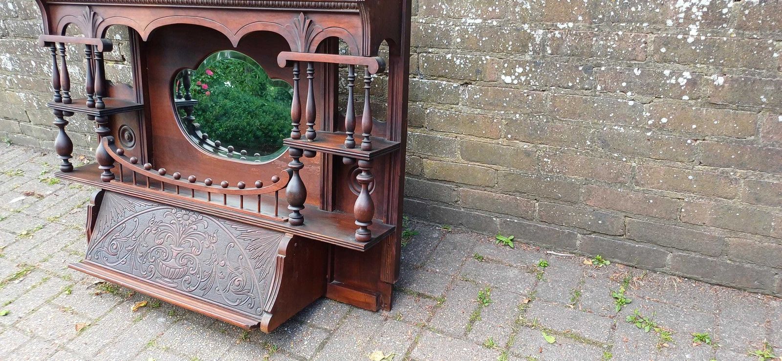 Victorian Mahogany Mirror Shelf Top | Ornate Carved American Organ Pediment Antique Sideboard Back Gothic Revival C.1880s photo buy