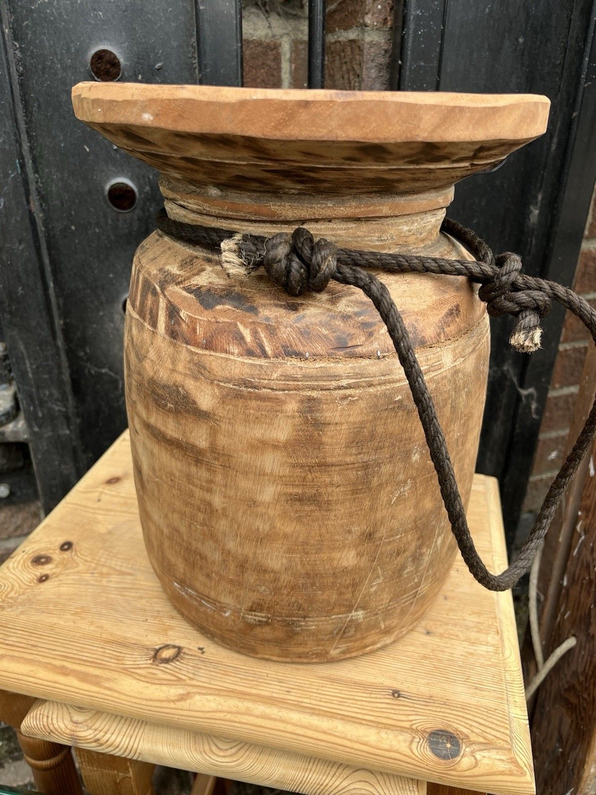 Large Rustic Wooden Farmhouse Indian Asian Himachal Pot  Vase Jug Centrepiece photo 55.0
