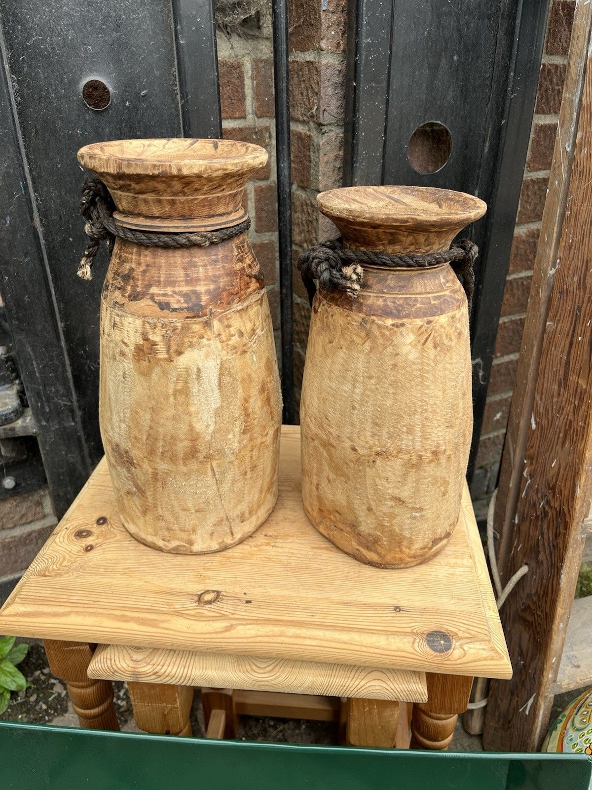 Pair Of Rustic Wooden Farmhouse Indian Asian Himachal Pot  Vase Jug Centrepiece