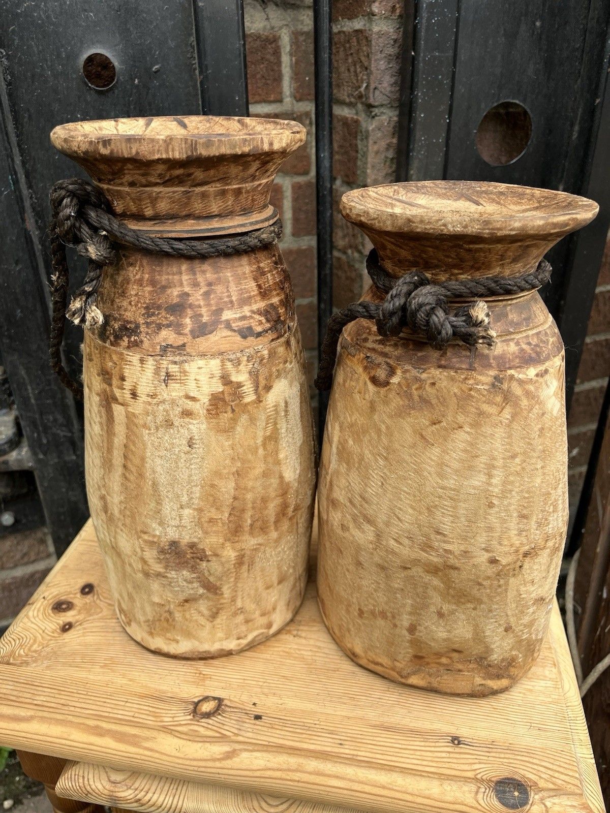 Pair Of Rustic Wooden Farmhouse Indian Asian Himachal Pot  Vase Jug Centrepiece photo furniture