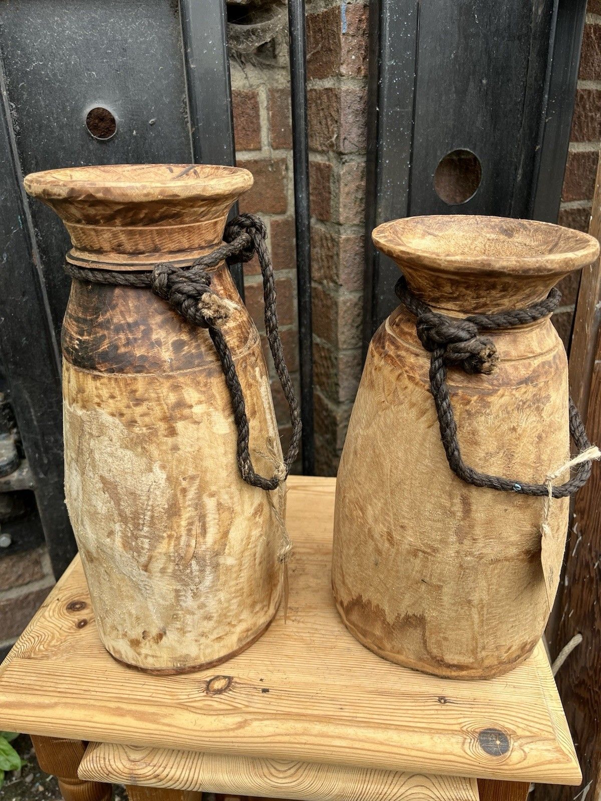 Pair Of Rustic Wooden Farmhouse Indian Asian Himachal Pot  Vase Jug Centrepiece photo 79.0