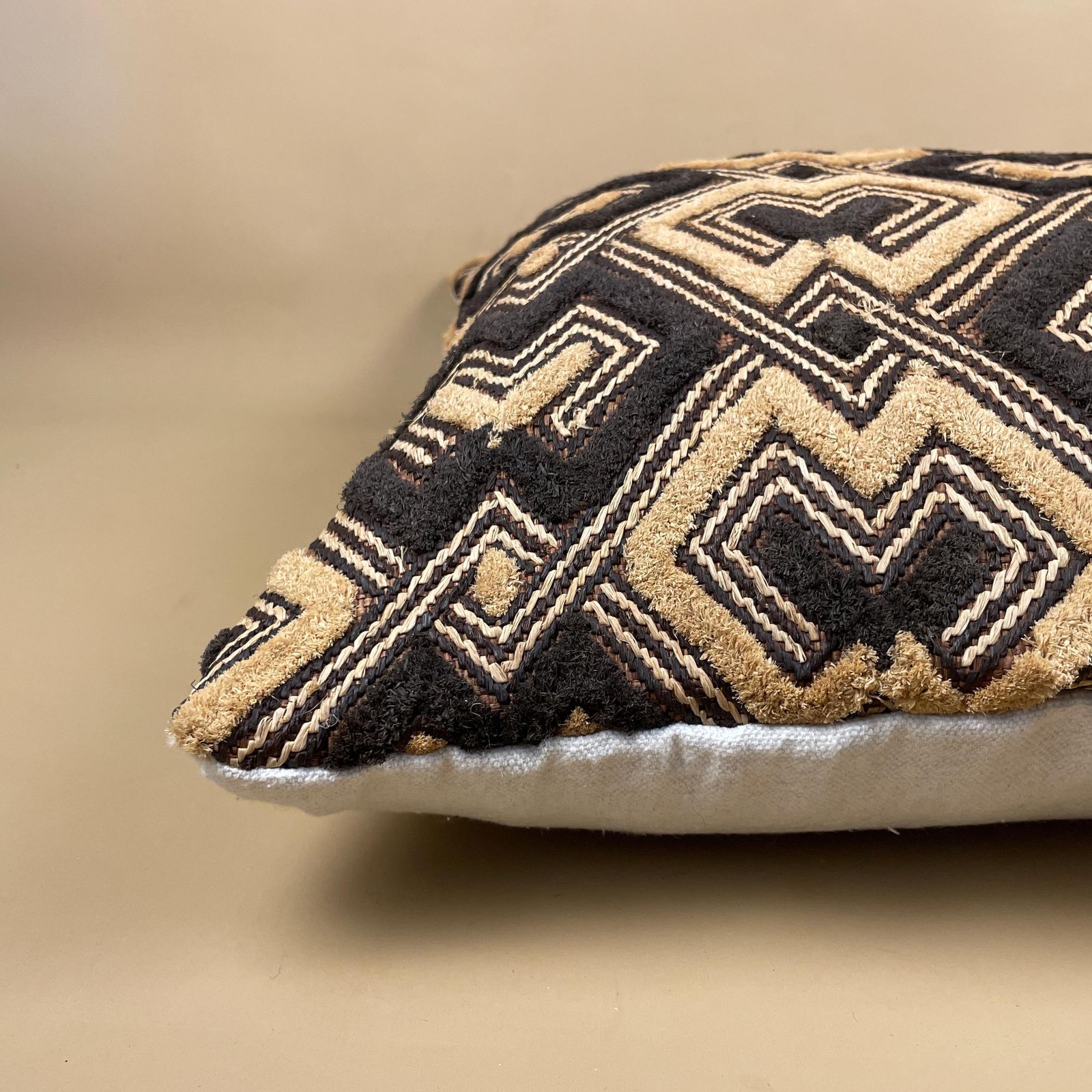 Antique African Kuba Cloth Fabric Cushion Rug Carpet Pillow Feather Filled Handwoven Pattern Scatter Vintage Original Mud Handmade photo furniture