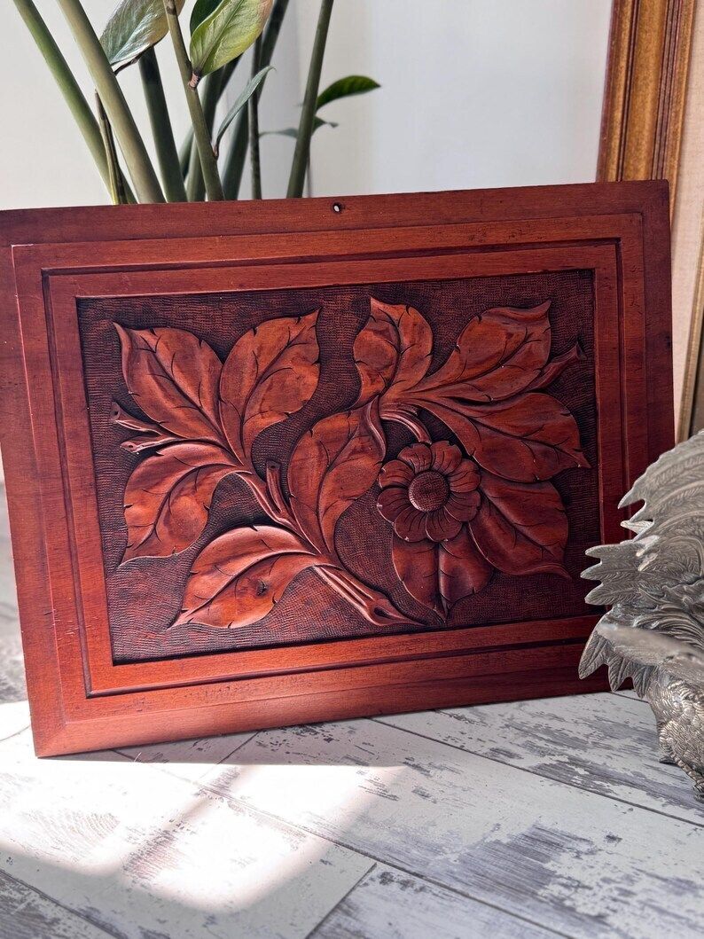 Arts And Crafts Wooden Panel, Hand Carved Floral Wooden Panel, Wall Decor photo for sale