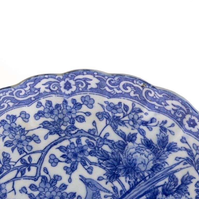 Antique Chinese Blue White Transferware Scalloped Porcelain Plate With Exotic Birds Qing Dynasty photo for sale