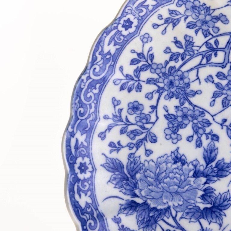 Antique Chinese Blue White Transferware Scalloped Porcelain Plate With Exotic Birds Qing Dynasty photo Home Decor