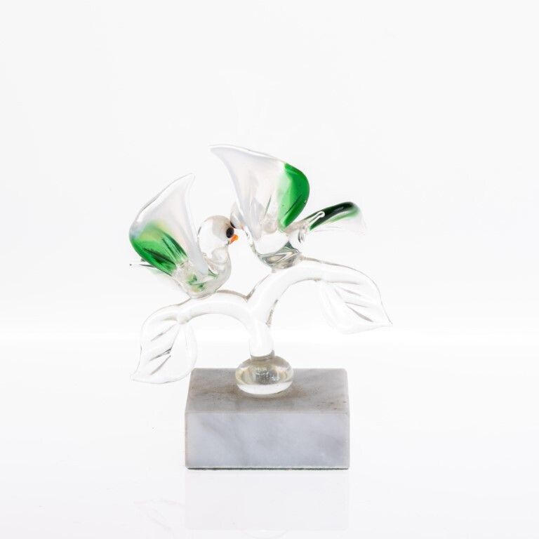 Mid Century Murano Hand Blown Glass Venetian Birds Sculpture On Marble Base photo for sale