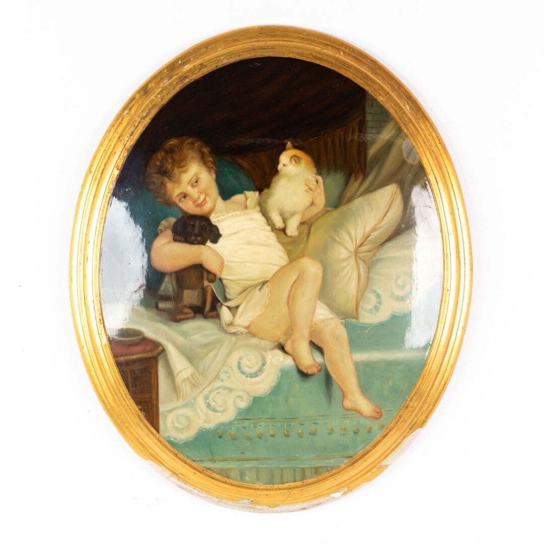 Lacquered Italian Oval Oil Painting Of Young Girl With Puppy And Cat Early 20th Century After Joseph Stallaert