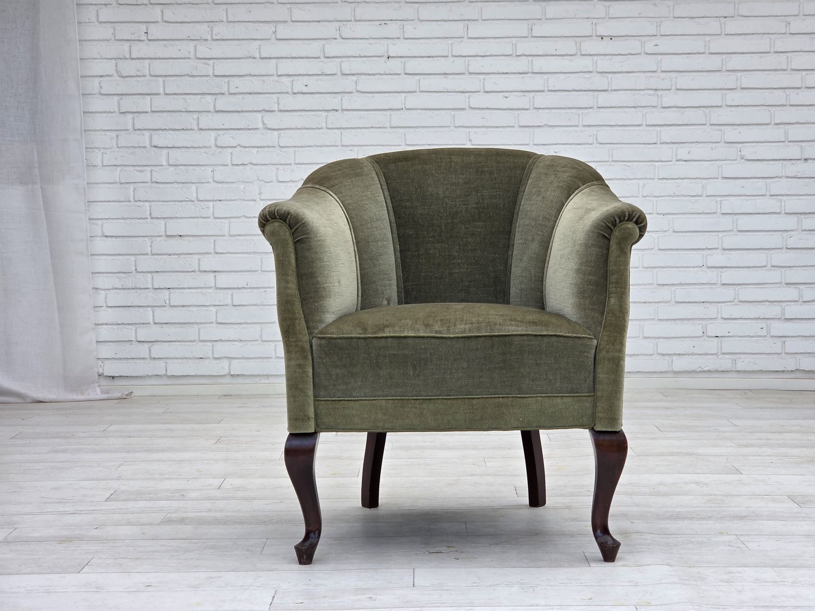 1960s, Danish Armchair, Green Furniture Velour, Beech Wood Legs. photo Furniture