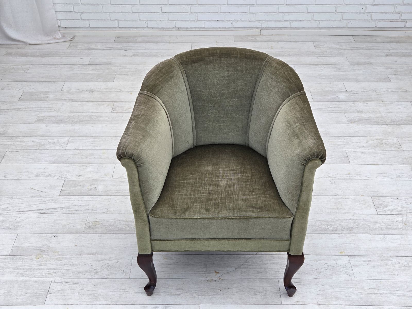 photo for sale 1960s, Danish Armchair, Green Furniture Velour, Beech Wood Legs.