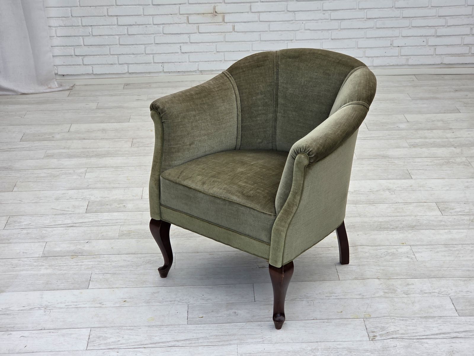 photo buy 1960s, Danish Armchair, Green Furniture Velour, Beech Wood Legs.
