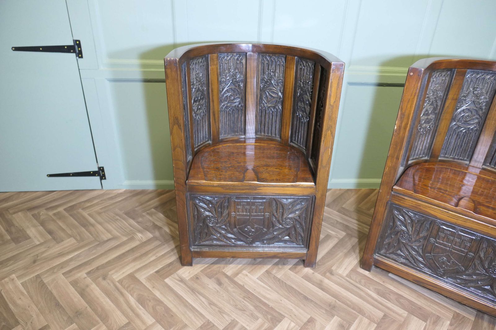 photo furniture Arts And Crafts Carved Barrel Back Hall Or Library Chairs