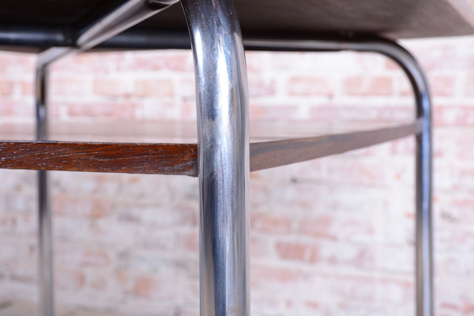 photo for sale Restored Bauhaus Table, By Vichr A Spol., Oak, Chrome, Polished, Czech, 1940s