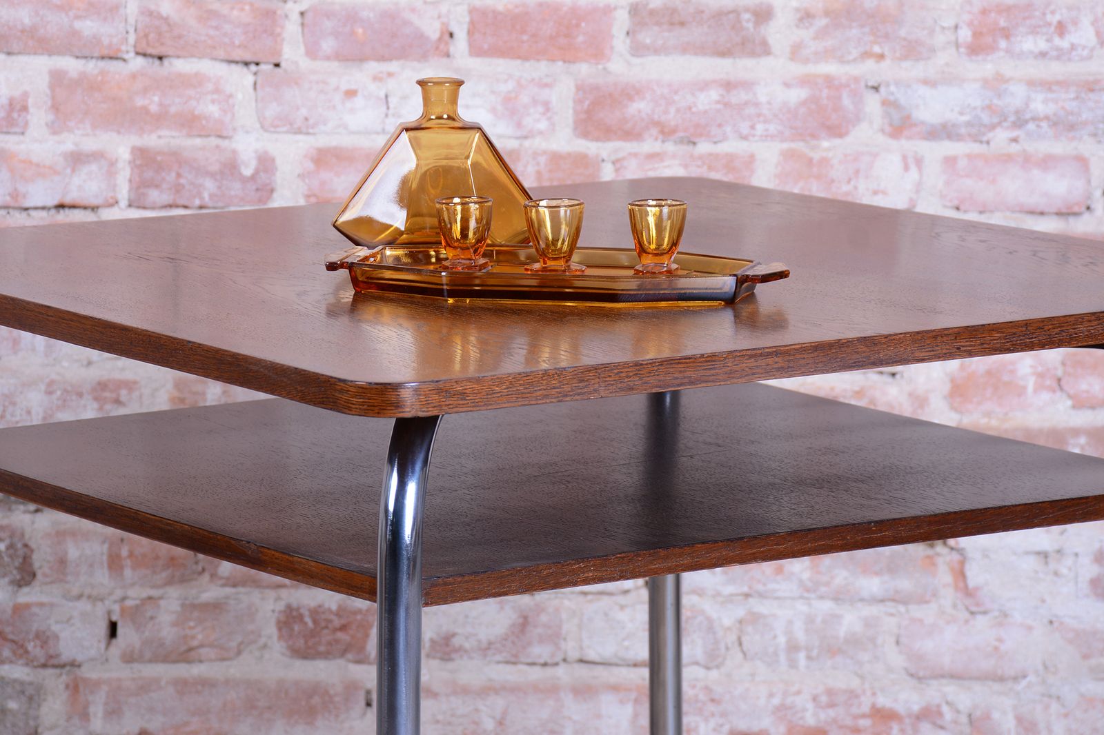 photo vintage Restored Bauhaus Table, By Vichr A Spol., Oak, Chrome, Polished, Czech, 1940s