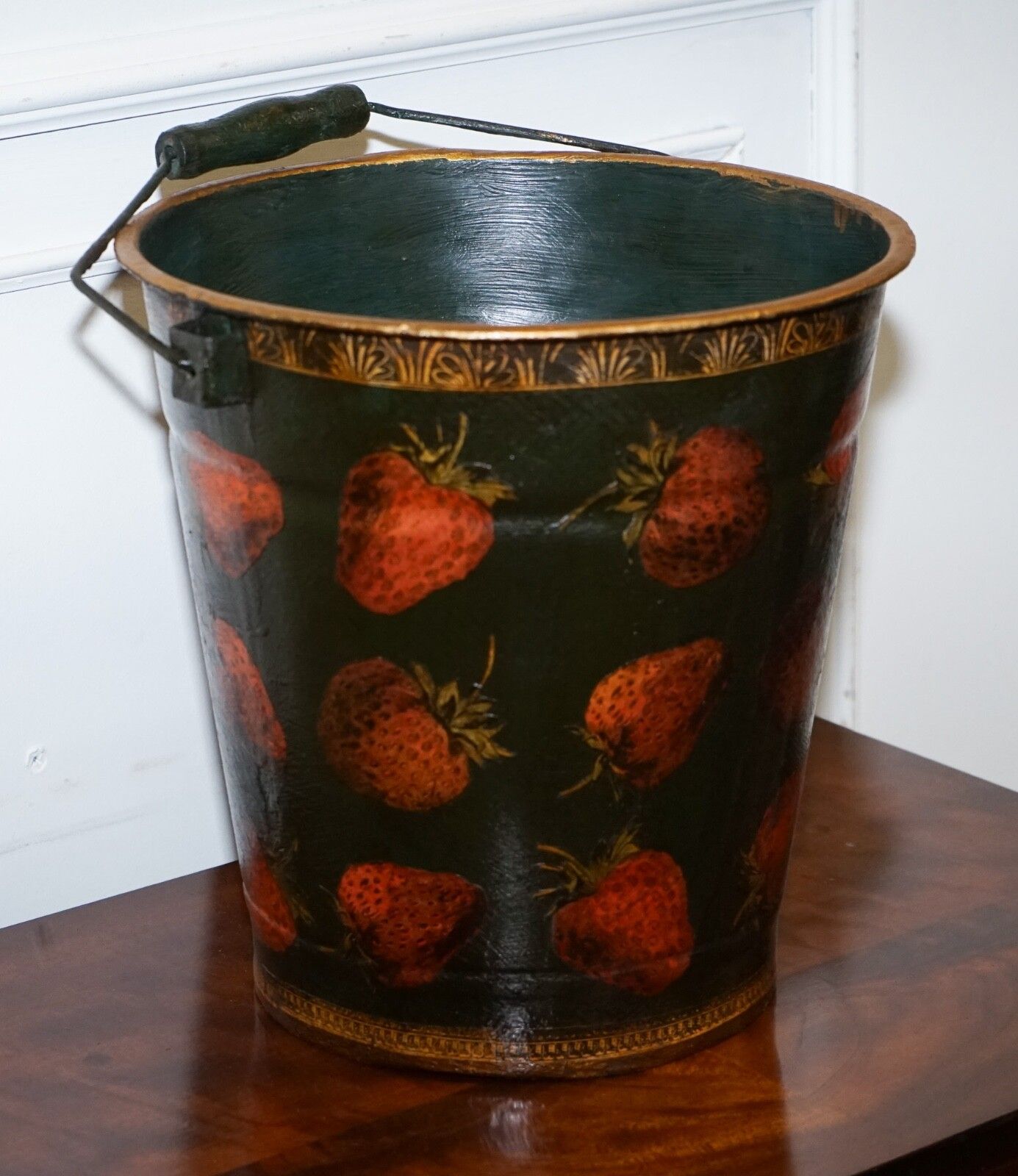 Vintage Metal Traditional Decoupage Bin Or Planter Bucket Strawberry Decorations photo Garden Decor