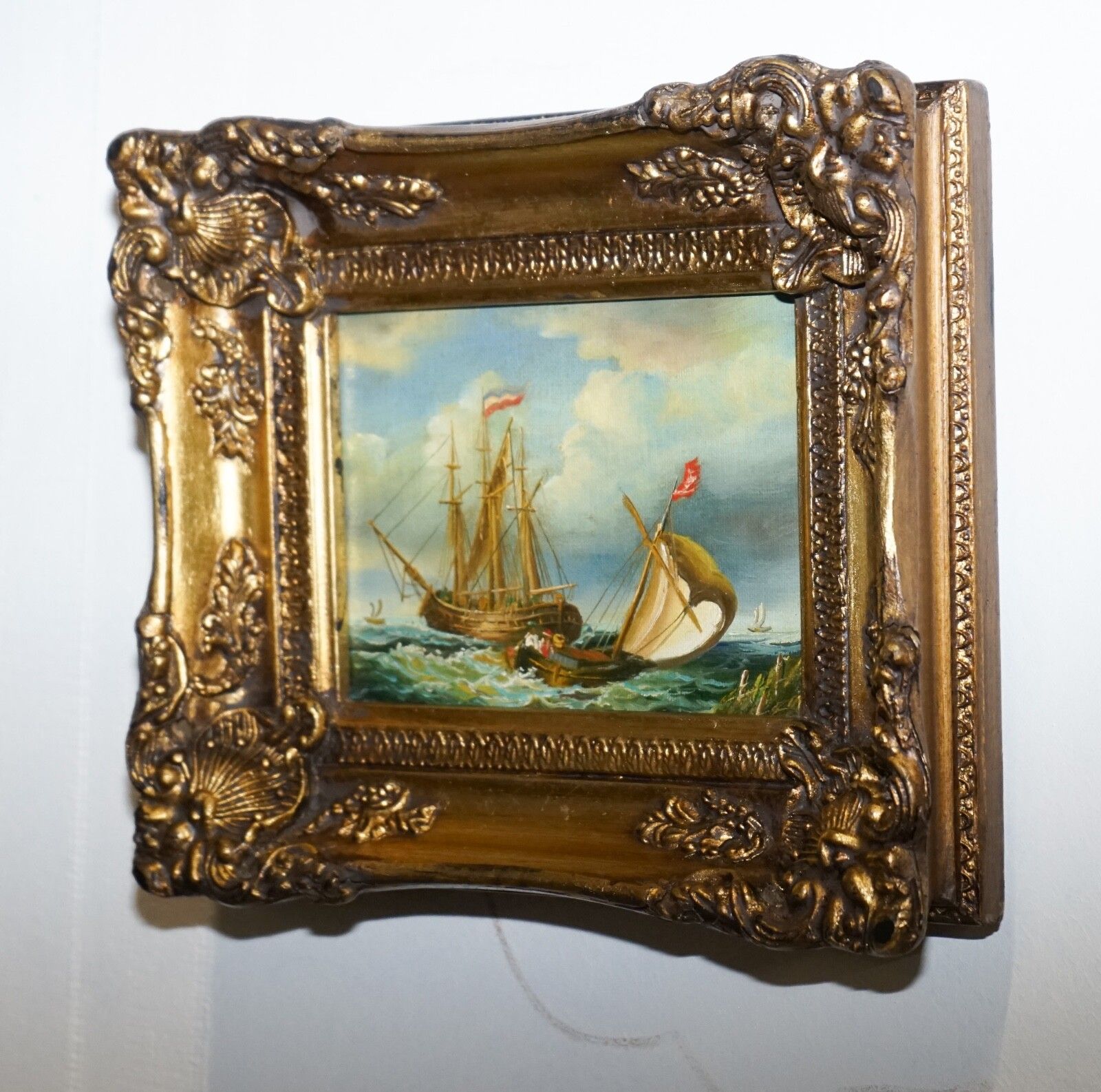 Fine Antique Early 20th Century Oil Painting Of French Ship Giltwood Frame photo Art