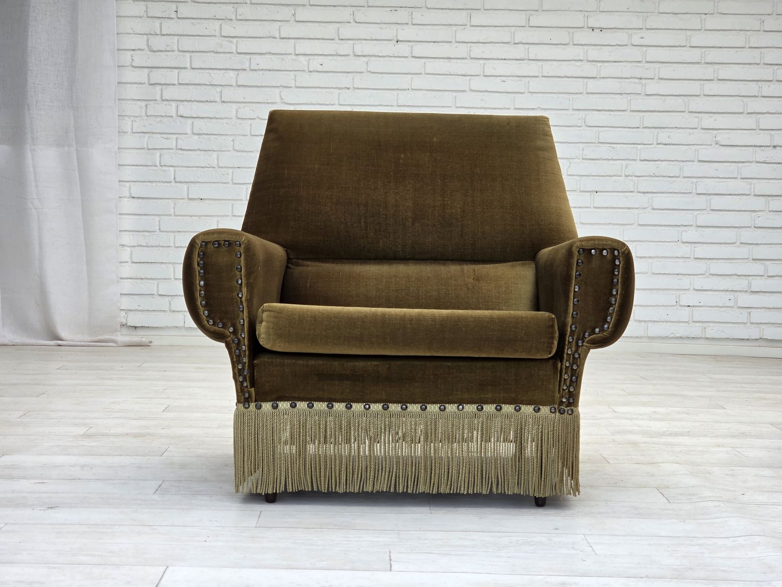1970s, Danish Armchair, Green Furniture Velour, Ash Wood Legs. photo furniture