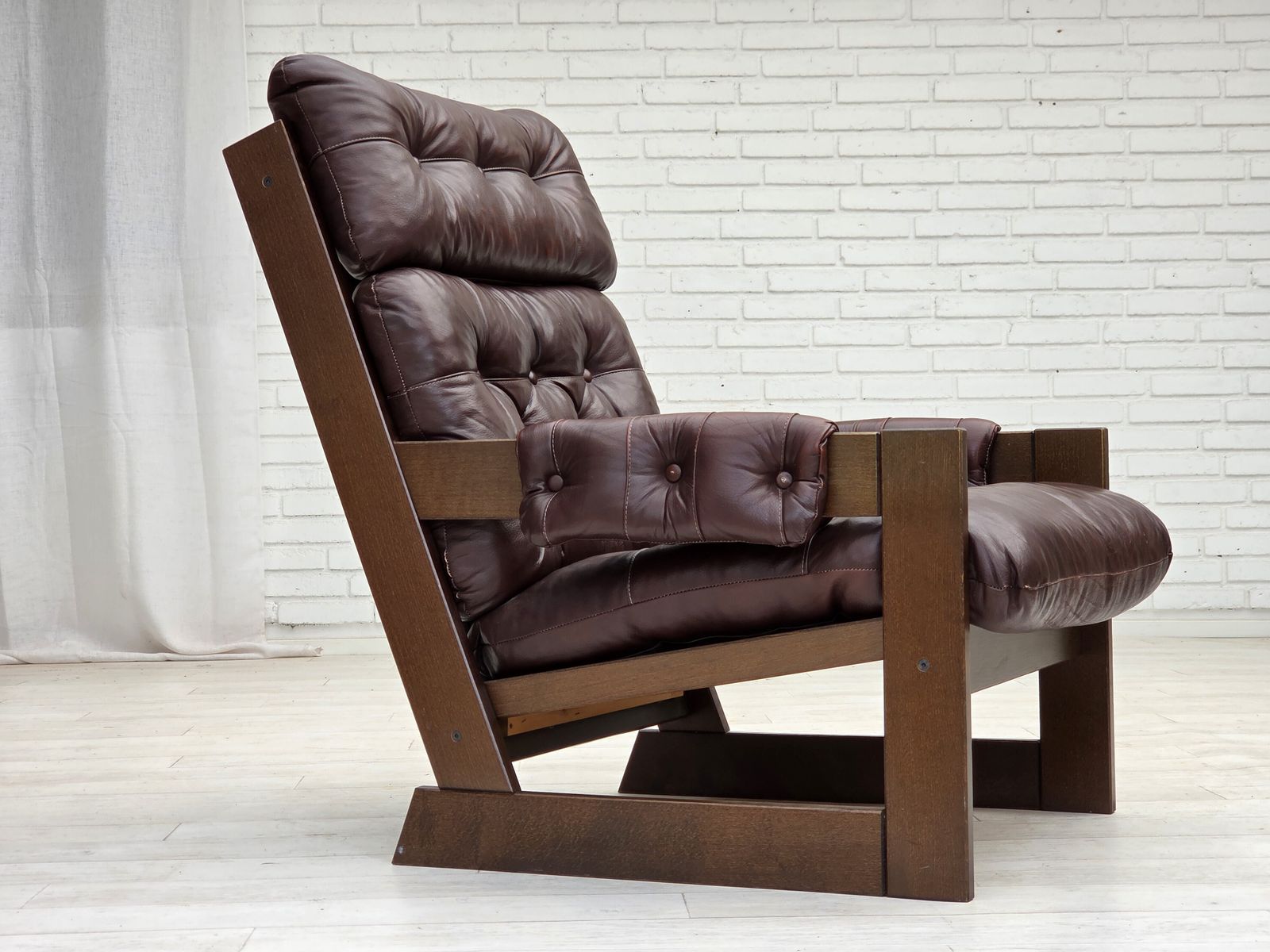 1970s, Scandinavian Highback Armchair, Brown Furniture Leather, Dark Beech Wood. photo furniture