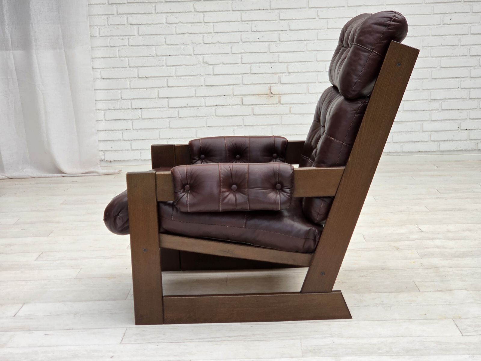 1370.0 1970s, Scandinavian Highback Armchair, Brown Furniture Leather, Dark Beech Wood. photo