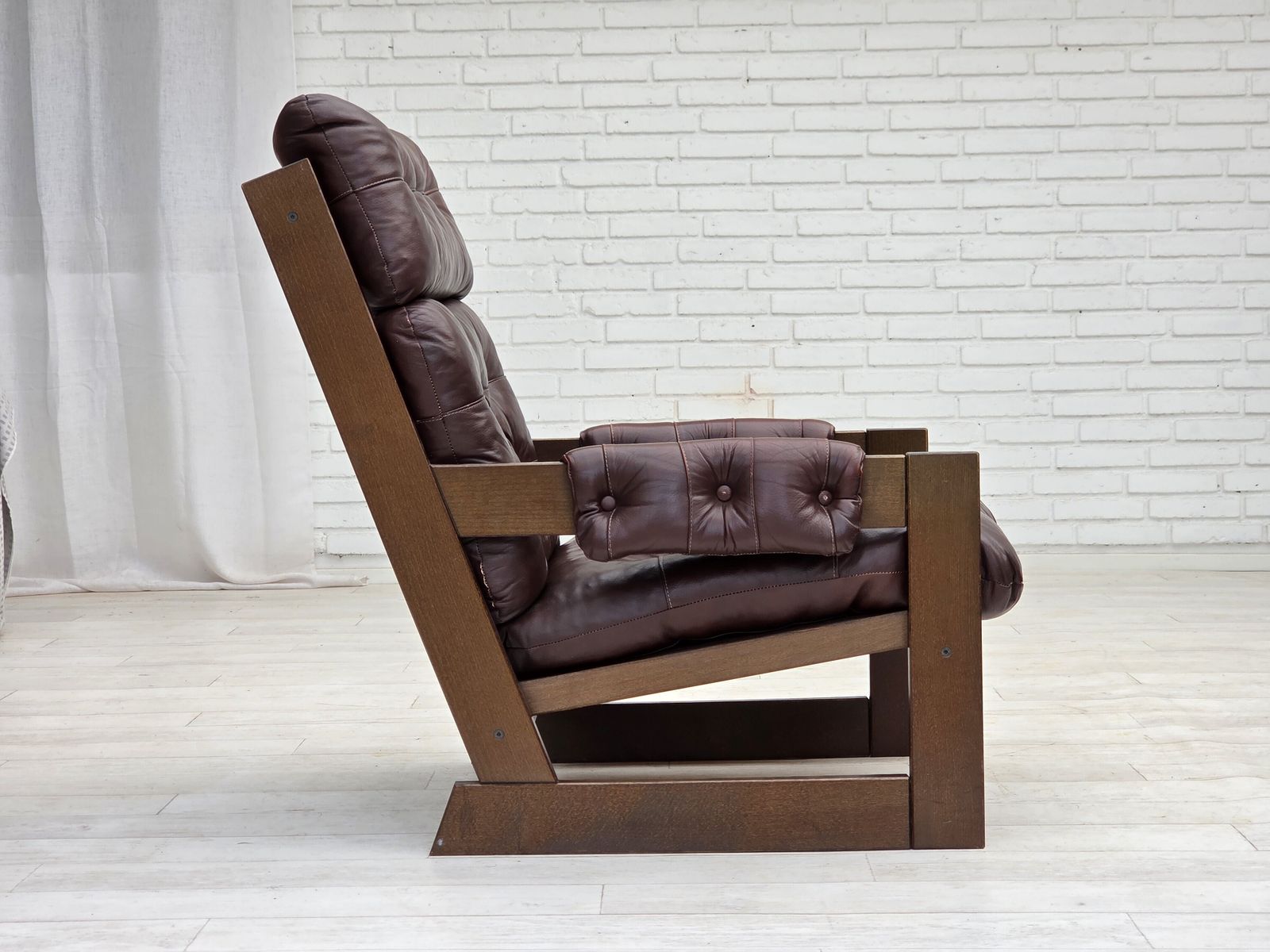 photo buy 1970s, Scandinavian Highback Armchair, Brown Furniture Leather, Dark Beech Wood.