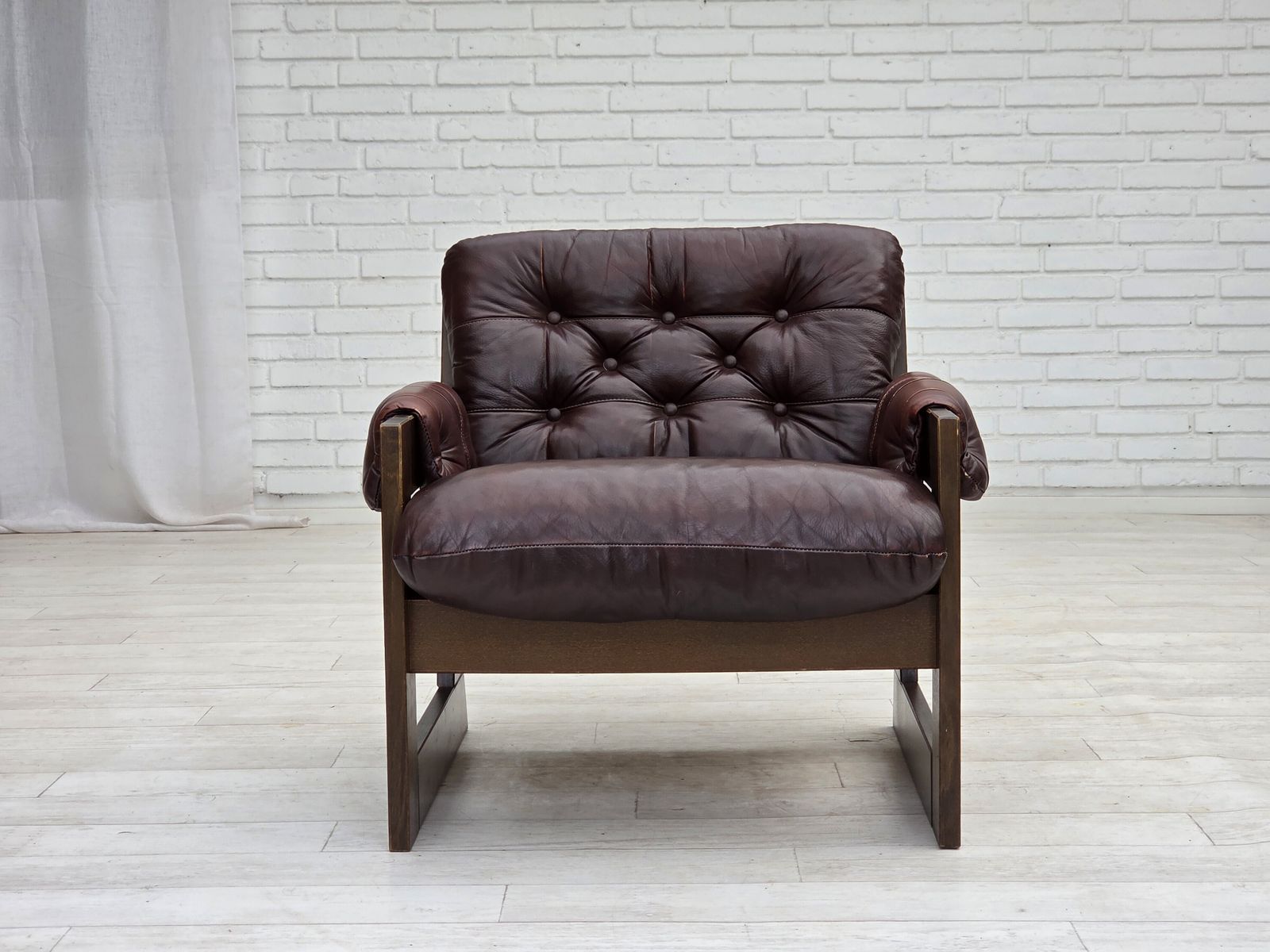Furniture 1970s, Scandinavian Armchair, Brown Furniture Leather, Dark Beech Wood. photo