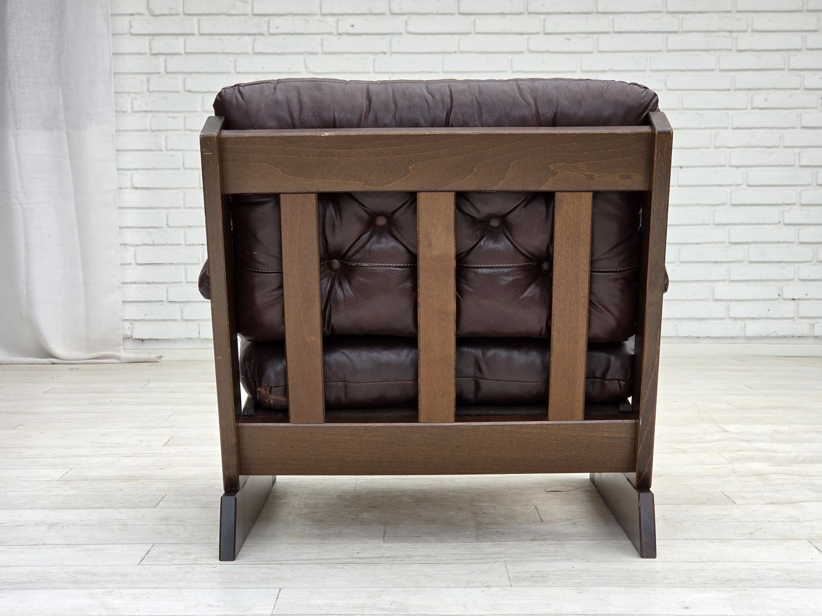 1295.0 1970s, Scandinavian Armchair, Brown Furniture Leather, Dark Beech Wood. photo
