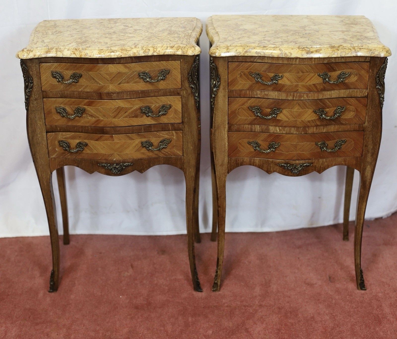 Beautiful Pair Of Louis XV Marble Topped Walnut Bedside Tables
