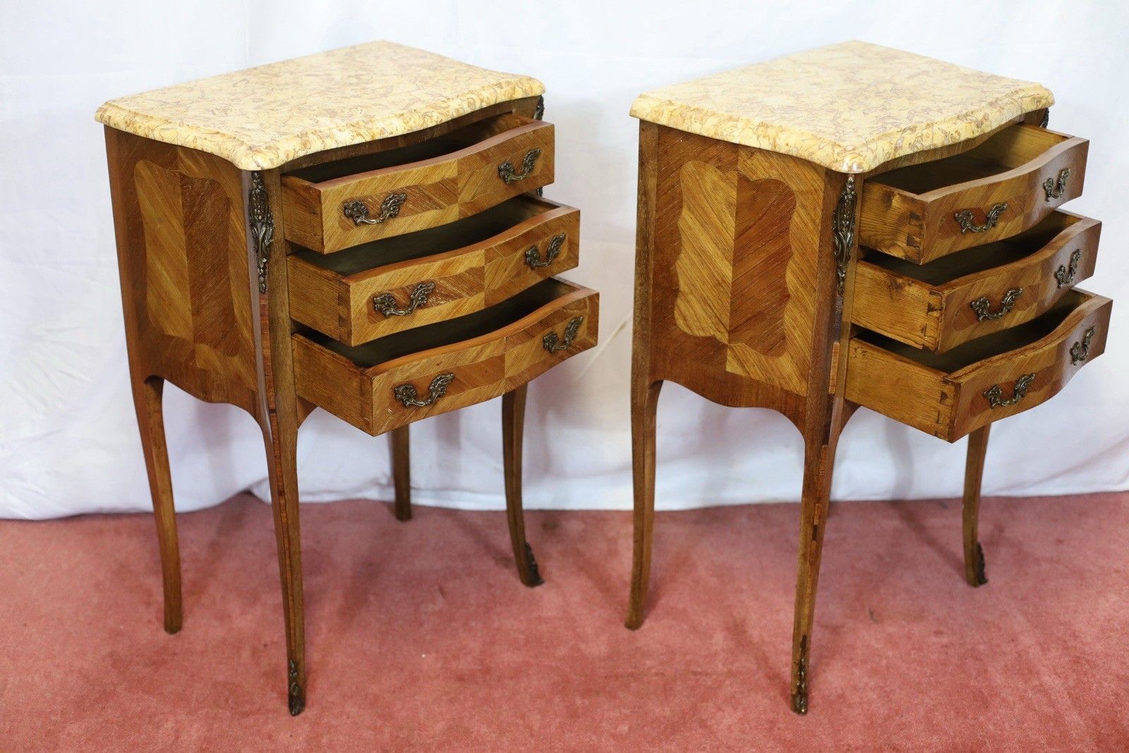 Beautiful Pair Of Louis XV Marble Topped Walnut Bedside Tables photo Furniture