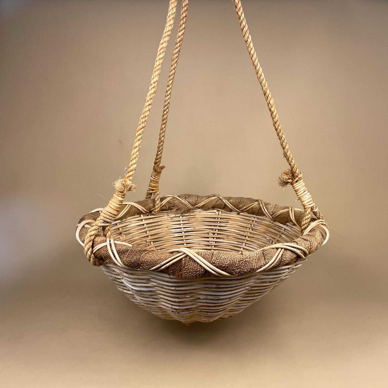 Indoor Hanging Planter Pot Round Handmade Vintage String Knotted Wicker Basket Vintage Boho Cottage Neutral Tones Rope Woven