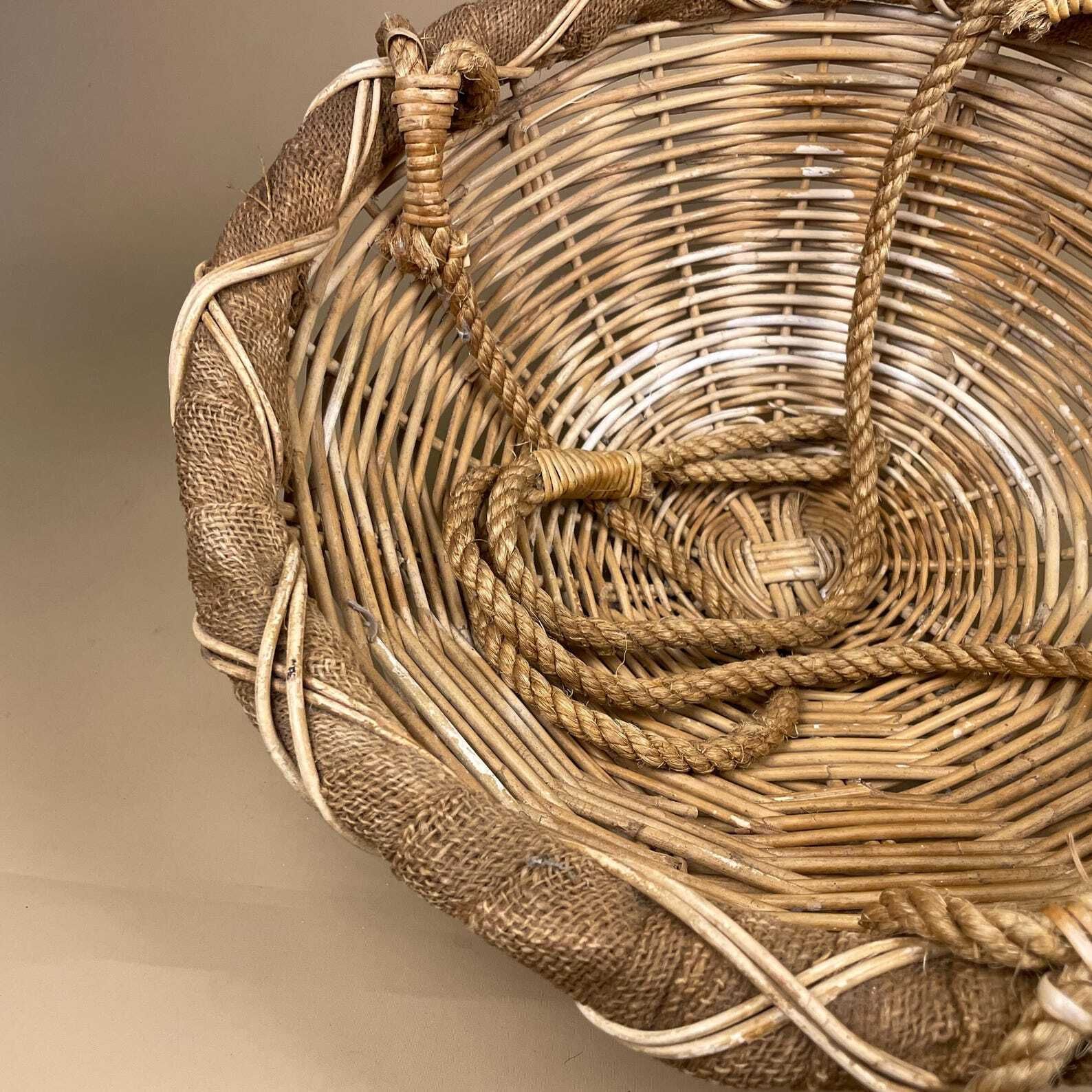 Indoor Hanging Planter Pot Round Handmade Vintage String Knotted Wicker Basket Vintage Boho Cottage Neutral Tones Rope Woven photo vinterior