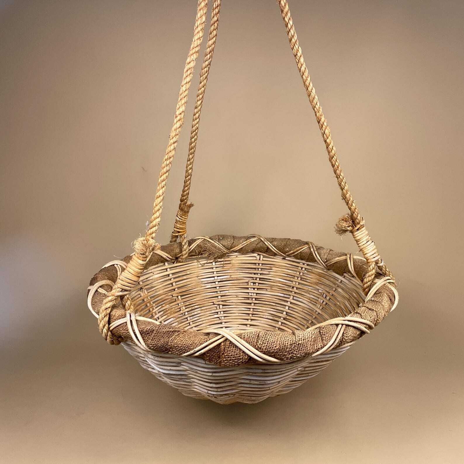Indoor Hanging Planter Pot Round Handmade Vintage String Knotted Wicker Basket Vintage Boho Cottage Neutral Tones Rope Woven photo vintage