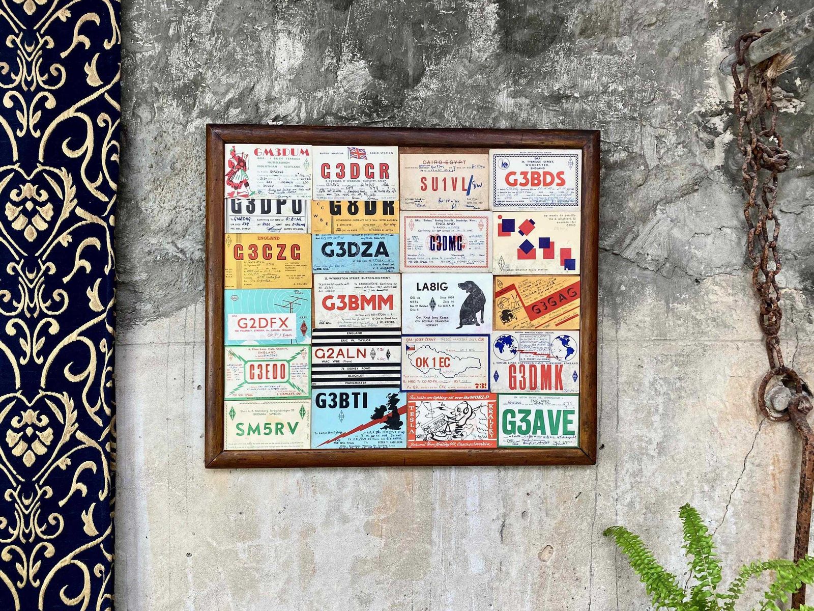 Vintage Mid Century Ham Radio Cards Qsl In Wooden Frame photo furniture