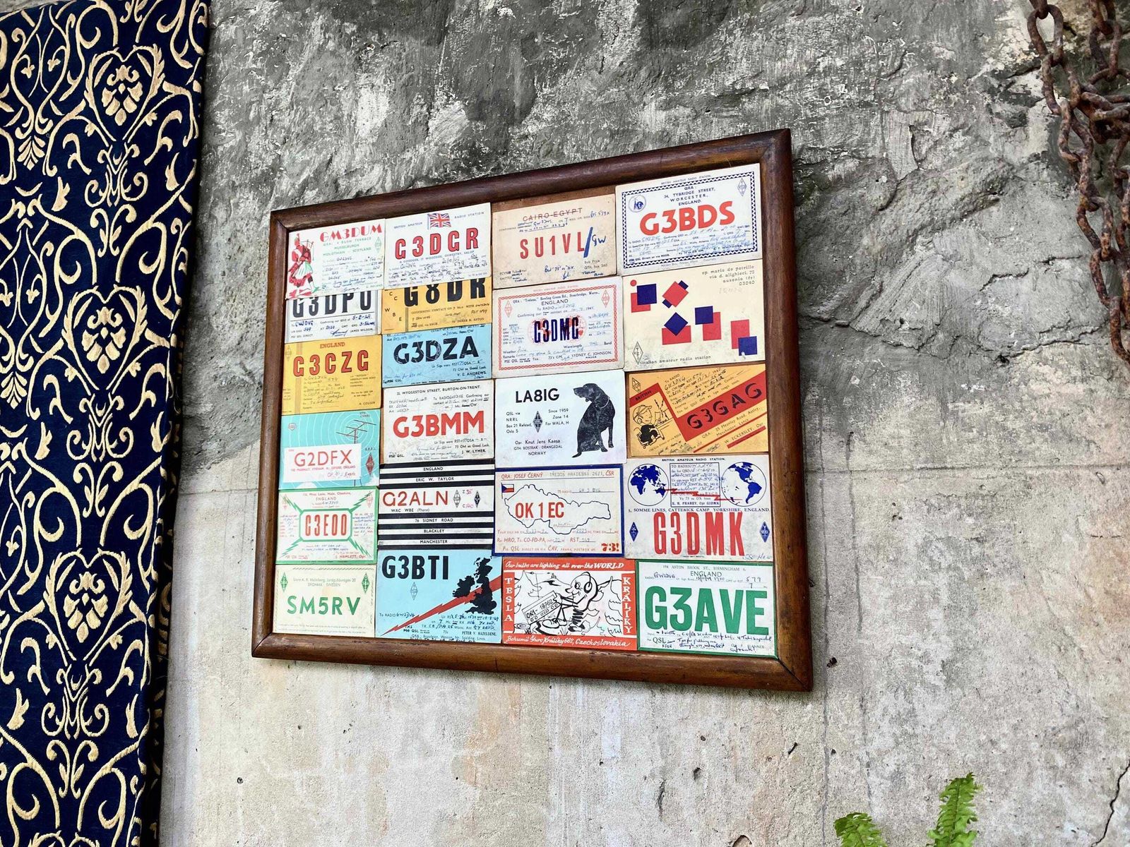 Vintage Mid Century Ham Radio Cards Qsl In Wooden Frame photo for sale